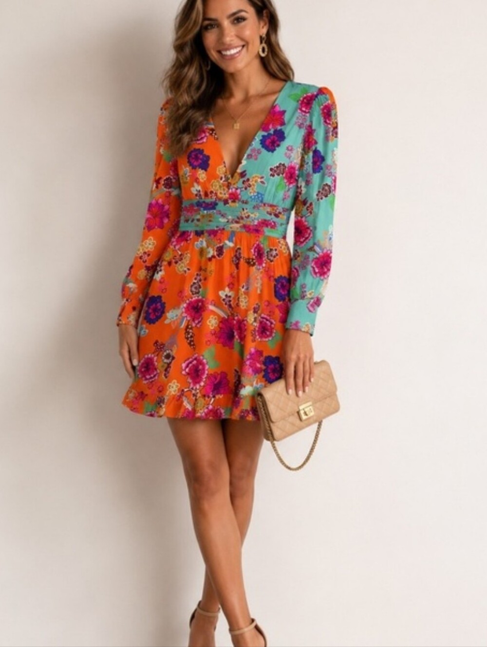 MISA HYLTON~INC International Concepts Orange and Teal Floral V-Neck Mini Dress